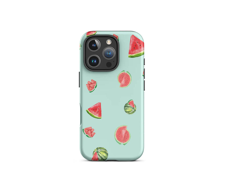 Tough iPhone case with a mint green background featuring a playful watermelon pattern, showcasing protective and stylish custom phone case design.